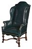 William and Mary Style Walnut and Green Leather Upholstered Wing Chair