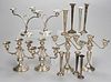 ASSORTED AMERICAN WEIGHTED STERLING SILVER CANDELABRA AND BUD VASES, LOT OF 13
