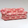 Toile Upholstered Three Seat Sofa together with a Matching Club Chair and Ottoman