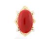 1970s Red Coral, Diamond, 18k Gold Pendant Pin