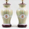 Pair of Pair of Chinese Export Style Green Ground Porcelain Armorial Vases Mounted as Lamps