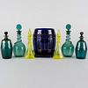 Cobalt Glass Barrel Form Ice Bucket and Underplate and Six Colored Glass Decanters and Stoppers