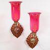Pair of Cranberry Glass and Brass Wall Sconces