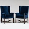 Pair of George III Style Ebonized and Velvet Upholstered Wing Chairs, Modern