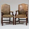 Two Similar Modern George III Style Mahogany Leather Upholstered Armchairs