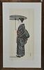 Signed Japanese watercolor on silk, elegant female figure with parasol, 28" x 12.5"