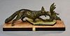 French Art-Deco bronze , fox and chicken on multi colored onyx base