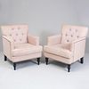 Pair of Brass-Studded and Tufted Linen Upholstered Armchairs