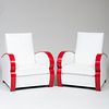 Pair of French Art Deco Style Red Lacquer and White Leather Upholstered Armchairs