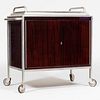 Brushed Metal and Mahogany Lined Rolling Bar Cart