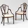 Pair of George III Black and Polychrome Painted Shield Back Armchairs