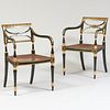 Pair of Regency Painted and Parcel-Gilt Caned Armchairs