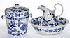 ENGLISH "MEISSEN" BLUE ONION-STYLE FLOW BLUE CERAMIC CHAMBER ARTICLES, LOT OF THREE