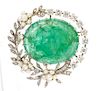 * A White Gold, Carved Emerald, Diamond and Cultured Pearl Brooch, 20.30 dwts.