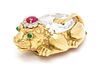 An 18 Karat Yellow Gold, Platinum, Rock Crystal, Diamond, Ruby and Emerald Lion Brooch, David Webb, 38.00 dwts.