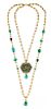 A Double Strand Yellow Gold, Emerald, Diamond, Ruby and Polychrome Enamel Necklace, Indian, 77.60 dwts.