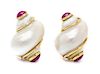 A Pair of 18 Karat Yellow Gold, Shell and Ruby Earclips, Seaman Schepps, 15.80 dwts.
