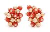 A Pair of 18 Karat Bicolor Gold, Coral and Diamond Earclips, 22.00 dwts.