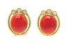 A Pair of 18 Karat Yellow Gold, Coral and Diamond Earclips, 6.50 dwts.
