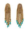 A Pair of 18 Karat Yellow Gold and Turquoise Tassel Earclips, Italian, 11.40 dwts.