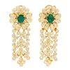 * A Pair of 18 Karat Yellow Gold, Diamond and Emerald Floral Motif Earclips, 28.40 dwts.