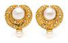 A Pair of 18 Karat Yellow Gold, Mabe Pearl, Cultured Pearl and Diamond Earclips, Elizabeth Gage, 18.20 dwts.