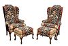 Queen Anne Style Wingback Chairs With Ottomans, Oriental Upholstery, H 51'' W 33'' Depth 23'' 4 pcs