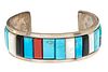 Navajo Silver, Turquoise, Coral, Mother Of Pearl Cuff Bracelet C. 1940, W 2.1'' 39g
