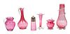 Cranberry Glass Flower Vases, Cruet, Pitchers, Shaker, 10", 6" H 10'' 6 pcs