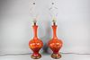 Pair of Mid-Century Modern Orange Lava Drip Glaze Ceramic Lamps