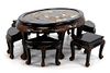 Chinese Black Lacquer Tea Table & Six (6) Stools