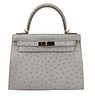 HERMES KELLY 28 SELLIER OSTRICH GRIS PERLE