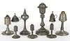 ASSORTED PEWTER FLUID AND WHALE-OIL LAMPS, LOT OF NINE