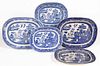 BRITISH BLUE WILLOW TRANSFER-PRINTED PLATTERS, LOT OF FIVE