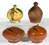 ENGLISH EARTHENWARE / REDWARE POTTERY BANKS, LOT OF FOUR