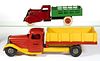 ASSORTED MANUFACTURERS STAKE-BED PRESSED-STEEL TOY TRUCKS, LOT OF TWO