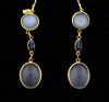 Moonstone and sapphire drop earrings, in 18 ct gold collet setting, 4.4 cm