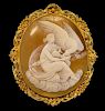Large 19th C shell cameo depicting Hebe feeding Zeus as an eagle, in filigree mount, unmarked, 7.8 x 6.5 cm