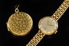 Gold cased locket with floral engraving,  a gold cyma watch on bracelet strap, 9 ct