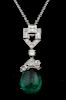 Emerald and diamond pendant, diamond set top with princess, baguette and round brilliant cut diamonds, diamond set cap suspen