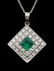 Emerald and diamond cluster pendant, set with a square cut emerald weighing approximately 1.50 carats within a double diamond