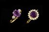 Two amethyst and diamond set rings and a similar pair of ear studs, 9 ct gold