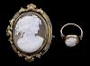 Victorian cameo ring in gold mount and a cameo brooch, well carved portrait of a lady with flowers in her hair