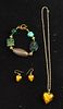 Murano glass bead necklace, turquoise and aventurine glass spiral and streaked beads, a yellow glass heart and  matching earr