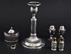 Collection of silver-plate including telescopic candlestick, pair of Tiffany & Co. silver-soldered pepperettes etc.