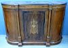 19th  century mahogany and marquetry inlaid credenza, panelled doors flanked by two bow fronted doors on plinth base, 98cm x 
