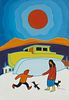 Ted Harrison, (1926-2015), Red sun over a small town, Oil on canvas, 36" H x 24" W