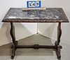 CARVED WALNUT MARBLE TOP TABLE 22"H X 28"W X 18"D