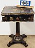 19TH C PAPER MACHE HAND PTD AND GILT SEWING STAND 28"H X 19"W X 14 1/2"D