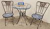 WROUGHT BASE PATIO TABLE W/ GLASS TOP 28 1/2"H X 24" DIAM AND PR METAL FOLDING CHAIRS W/ MOSAIC SEATS 32"H X 15"W